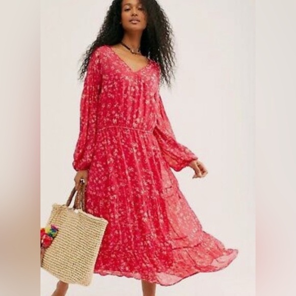 Free People Wallflower Floral Print Sheer lined Midi Dress, Raspberry Combo, XS - Picture 4 of 14